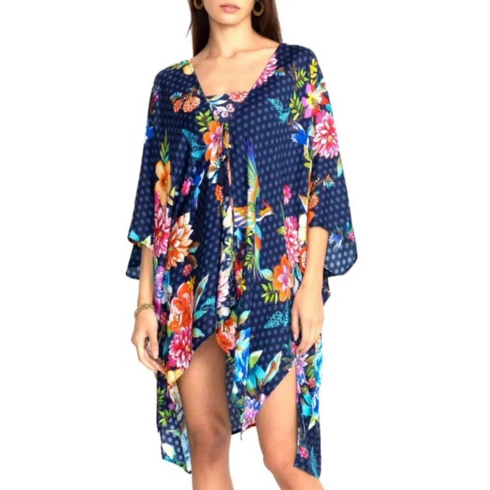 Johnny Was Ocean Dreamer Short Kimono 2X Blue Floral Rayon Silk Boho Resort NWT
